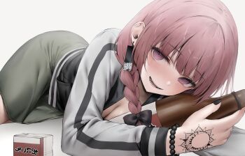 1girl beer_bottle black_bow black_nails blunt_bangs blush bocchi_the_rock! bottle bow bracelet braid breasts cleavage commentary_request dress earrings green_dress hair_bow hand_tattoo hibimaru highres hiroi_kikuri holding holding_bottle jacket jewelry looking_at_viewer lying medium_breasts nail_polish on_side parted_lips pink_eyes pink_hair ringed_eyes simple_background single_braid smile solo tattoo white_background