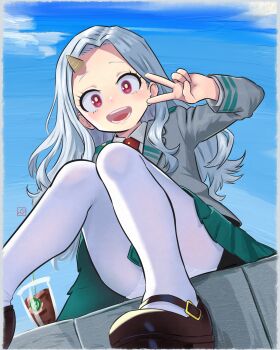 1girl absurdres blazer blue_sky blush boku_no_hero_academia brown_shoes coffee commentary cone_horns cup disposable_cup elementary_(lolipope) eri_(boku_no_hero_academia) forehead green_skirt grey_hair grey_jacket highres horns jacket knees_together_feet_apart long_hair long_sleeves mary_janes outdoors panties panties_under_pantyhose pantyhose school_uniform shoes single_horn sitting skirt sky smile solo u.a._school_uniform underwear upskirt v white_panties white_pantyhose