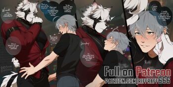 2boys arm_behind_back arm_belt black_pants black_shirt blush clenched_hand covered_pectorals denim english_text furry furry_male furry_with_non-furry grey_hair hair_between_eyes hand_on_own_face height_difference highres interspecies jeans looking_at_another male_focus multiple_boys open_clothes open_shirt pants parted_lips patreon_username pectorals red_eyes red_shirt riffraffhellyea shirt short_hair speech_bubble standing teeth von_lycaon white_fur wise_(zenless_zone_zero) yaoi zenless_zone_zero