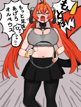 1girl absurdres alternate_costume andii_(anzai_teachco) antenna_hair bare_shoulders black_horns black_pantyhose black_skirt blush bra breasts cleavage commentary_request cowboy_shot curled_horns drooling emphasis_lines exercising grey_background grey_bra gun hair_between_eyes highres horns large_breasts long_hair magus_(zenless_zone_zero) mechanical_horns mechanical_tail midriff motion_lines navel open_mouth orange_hair orphie_magnusson pantyhose plump pointy_ears ring-con simple_background skirt speech_bubble sports_bra tail tears translation_request twintails underwear weapon wristband zenless_zone_zero