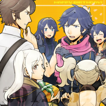 3boys 3girls :d aunt_and_nephew aunt_and_niece blonde_hair blue_eyes blue_gloves blue_hair box brother_and_sister brown_hair chrom_(fire_emblem) collared_shirt father_and_daughter father_and_son female_robin_(fire_emblem) fire_emblem fire_emblem_awakening frederick_(fire_emblem) gift gift_box gloves happy happy_birthday holding holding_gift lissa_(fire_emblem) long_hair looking_at_another lucina_(fire_emblem) male_morgan_(fire_emblem) miuta mother_and_daughter mother_and_son multiple_boys multiple_girls nintendo notice_lines official_alternate_hair_color open_mouth orange_background pink_scarf scarf shirt short_hair siblings smile teeth tongue twintails white_hair white_shirt