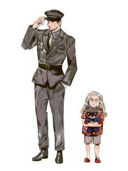1boy 1girl aged_down belt black_belt black_hair black_shoes black_widow_(movie) blonde_hair blue_eyes breast_pocket bucky_barnes buttons captain_america:_the_first_avenger captain_america_(series) child chinese_commentary closed_mouth collared_shirt commentary_request full_body green_necktie grey_hat grey_jacket grey_pants grey_shirt grey_shorts hand_in_pocket hat highres holding holding_stuffed_toy jacket lapels long_hair looking_at_another looking_down looking_up marvel military_hat military_jacket military_uniform necktie pants peaked_cap pocket red_shirt red_shoes shirt shoes short_hair short_sleeves shorts simple_background standing striped_clothes striped_shirt stuffed_animal stuffed_toy t-shirt teddy_bear wavy_hair white_background yelena_belova yuntach2007