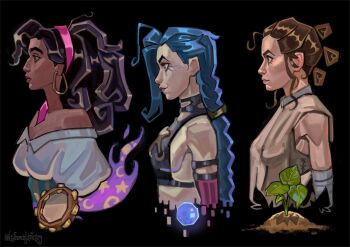 3girls arcane:_league_of_legends arcane_jinx ball bandaged_arm bandages bare_shoulders black_background black_hair black_shirt blue_hair breasts brown_hair brown_robe cleavage crop_top cropped_torso dark-skinned_female dark_skin earrings elbow_gloves esmeralda_(disney) facial_mark french-unicorn gloves hair_bun hairband highres hoop_earrings instrument jewelry jinx_(league_of_legends) leaf league_of_legends long_hair medium_breasts midriff multiple_girls off-shoulder_shirt off_shoulder pink_hairband profile rey_(star_wars) robe shirt sideboob sidelocks sprout star_wars star_wars:_the_force_awakens tambourine the_hunchback_of_notre_dame_(disney) triple_bun twitter_username updo white_shirt