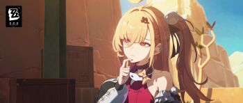 Rule 34 | 1girl, ahoge, bare shoulders, blonde hair, chalky (zenless zone zero), cissia (zenless zone zero), close-up, closed mouth, desert, hair between eyes, hair ornament, highres, long hair, official art, one side up, pom pom (clothes), pom pom hair ornament, red eyes, smile, snake, thinking, upper body, white snake, zenless zone zero