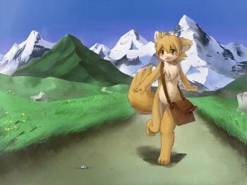 Rule 34 | animal ears, animal hands, bag, barefoot, blush, fang, fox ears, fox tail, furry, grass, happy, ka (pixiv341010), kagerofu, mountain, nature, nude, open mouth, sky, smile, tail