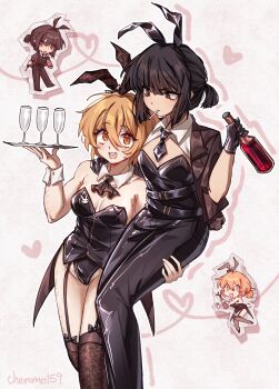 2girls absurdres animal_ear_hairband animal_ears artist_name black_hair black_hairband black_leotard black_necktie black_thighhighs blush bottle breasts brown_eyes brown_hair carrying carrying_person character_request cheromo159 cigarette closed_mouth copyright_request cup double-parted_bangs drinking_glass fake_animal_ears garter_straps hair_between_eyes hairband highres holding holding_bottle holding_tray leotard looking_at_another medium_breasts multiple_girls necktie open_mouth ponytail rabbit_ear_hairband rabbit_ears red_eyes short_hair short_ponytail sidelocks small_breasts smile teeth thighhighs tray upper_teeth_only wine_bottle wine_glass