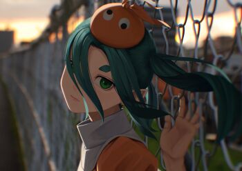 dress green_eyes green_hair looking_at_viewer monogatari_(series) nemo_ringo ononoki_yotsugi orange_dress twilight