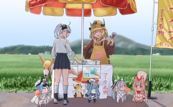 Rule 34 | 6+girls, admi (nikke), ahoge, apron, armpit cutout, blonde hair, blue eyes, blue hair, blush, bodysuit, bow, braid, brown shawl, chef hat, chibi, cinderella (nikke), clothing cutout, coat, coat on shoulders, commentary request, crust (nikke), dress, eating, flat top chef hat, food, food-themed hair ornament, food costume, front bow, fruit, gloves, goddess of victory: nikke, green hair, grey hair, hair bow, hair intakes, hair ornament, hair over one eye, hard hat, hat, headgear, helm (nikke), helmet, highres, holding, holding food, holding ice cream, holding ice cream cone, ice cream, ice cream cone, insignia, jacket, leg cutout, liter (nikke), long hair, long sleeves, medium hair, multicolored gloves, multicolored hair, multiple girls, non-humanoid robot, one eye covered, open clothes, open mouth, paw hair ornament, peaked cap, pink dress, pink eyes, pleated skirt, privaty (nikke), rabbit hair ornament, red eyes, robot, robot animal, robot dog, runao noire, school uniform, see-through bodysuit, see-through clothes, serafuku, shawl, shirt, short hair, skirt, smile, strawberry, strawberry hair ornament, streaked hair, street vendor, thighhighs, twin braids, twintails, two-tone gloves, very long hair, volt (nikke), white apron, white bodysuit, white gloves, white jacket, white shirt, yellow apron, yellow helmet