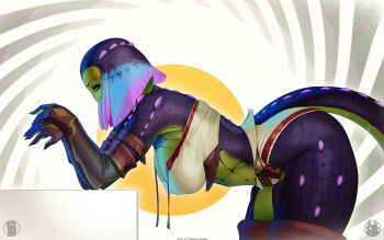 1girl artist_logo artist_name breasts colored_skin commentary crocodile_girl crocodilian_tail dated english_commentary fingerless_gloves fingernails from_side futanari gloves highres logo monster_girl multicolored_skin original scales sharp_fingernails solo tail themaestronoob