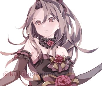 1girl alternate_costume bare_shoulders black_dress brown_eyes collar commentary_request dress elbow_gloves flower frilled_collar frilled_dress frilled_gloves frills gloves grey_hair kantai_collection kukimaru long_hair ponytail red_flower red_rose rose simple_background solo upper_body watermark white_background zuihou_(kancolle)