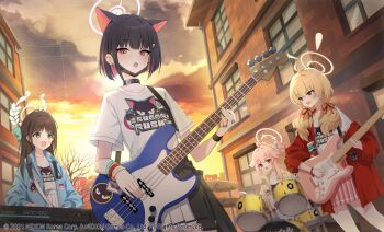 4girls after-school_sweets_club_(blue_archive) ahoge airi_(band)_(blue_archive) airi_(blue_archive) animal_ears black_hair blonde_hair blue_archive cat_ears cat_girl cloud halo highres holding holding_instrument instrument jacket kazusa_(blue_archive) long_hair long_sleeves looking_at_another looking_at_viewer misyune multiple_girls music natsu_(blue_archive) official_alternate_costume official_alternate_hairstyle official_art open_clothes open_jacket open_mouth outdoors pink_hair playing_instrument pleated_skirt shirt short_hair short_sleeves skirt sky smile white_shirt yoshimi_(blue_archive)