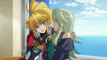 10s 2girls bare_shoulders black_gloves blonde_hair blue_eyes blue_jacket bracer cloud collar excellen_browning eye_contact female_focus fingerless_gloves friends gloves green_eyes green_hair hair_between_eyes hug indoors jacket lamia_loveless lips long_hair looking_at_another looking_to_the_side multiple_girls open_mouth pointing ponytail red_collar red_jacket screencap seductive_smile shy sky smile super_robot_wars super_robot_wars_og_the_inspector super_robot_wars_original_generation super_robot_wars_original_generation_2 tattoo upper_body window yuri