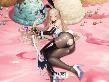 1girl all_fours animal_ears black_gloves black_leotard bow_(weapon) brown_dust_(series) brown_dust_2 cameltoe commentary elbow_gloves eleaneer_(brown_dust_2) eleaneer_(shadow_bunny)_(brown_dust_2) english_commentary fake_animal_ears fake_tail food gloves high_heels highres ice_cream leotard long_hair looking_at_viewer lying official_art on_side oversized_food oversized_object pantyhose playboy_bunny purple_eyes rabbit_ears rabbit_tail smile solo tail top-down_bottom-up torn_clothes torn_pantyhose weapon wrist_cuffs