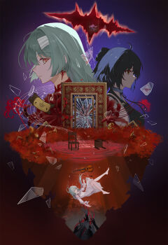 2girls absurdres beamed_eighth_notes black_bow black_hair bow broken_glass chair closed_mouth commentary different_reflection dress earrings female_rover_(wuthering_waves) glass glass_shards grey_eyes hair_bow highres instrument jewelry long_hair merii_(390930889) multiple_girls multiple_views musical_note parted_lips phrolova_(wuthering_waves) red_pupils reflection ripples rover_(wuthering_waves) symbol-only_commentary tacet_mark_(wuthering_waves) ticket violin white_dress wuthering_waves yellow_eyes