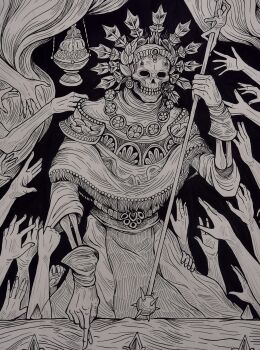 1other absurdres blasphemous incense_burner fol463 gloves greyscale headdress highres holding holding_weapon melquiades_the_exhumed_archbishop monochrome robe skeleton skull solo_focus weapon