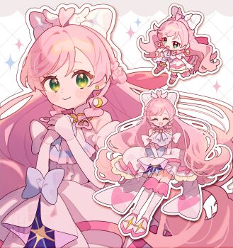 1girl :d ^_^ ahoge arm_bow ascot bare_shoulders blue_bow boots bow braid brooch center_frills closed_eyes closed_mouth cure_prism dotted_line dress dress_bow earrings elbow_gloves frilled_dress frills gloves green_eyes grid_background hair_bow hair_ornament half_up_braid halter_dress halterneck hands_on_own_chest heart heart_ahoge highres hirogaru_sky!_precure jewelry kannagi6 layered_dress light_blush long_hair looking_at_viewer magical_girl medium_dress multiple_views nijigaoka_mashiro open_mouth outline own_hands_together pink_hair precure side_braids single_earring sitting sleeveless sleeveless_dress smile sparkle sphere_earrings swept_bangs very_long_hair watermark white_ascot white_background white_boots white_bow white_dress white_gloves white_outline wing_brooch wing_hair_ornament