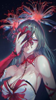 Rule 34 | 1girl, absurdres, akagitsu n3, bandage over one eye, bare shoulders, blurry, blurry background, breasts, chromatic aberration, commentary, dark background, fingernails, flower, grey eyes, grey hair, halterneck, hand over eye, highres, long hair, medium breasts, parted lips, phrolova (wuthering waves), solo, spider lily, tacet mark (wuthering waves), upper body, wuthering waves