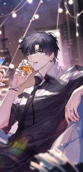1boy :d alcohol belt belt_buckle black_belt black_hair black_necktie black_shirt blurry bracelet buckle building chinese_commentary collared_shirt cup curtained_hair cushion depth_of_field drinking drinking_glass earrings green_eyes highres holding holding_cup jewelry light_and_night_love looking_at_viewer male_focus multiple_rings necktie night open_mouth qinnye ring shirt short_hair sky skyscraper sleeves_rolled_up smile solo star_(sky) starry_sky string_of_light_bulbs upper_body xiao_yi_(light_and_night_love)