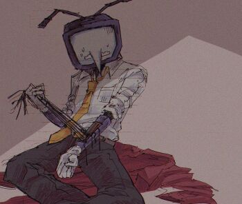 ant_tenna black_pants clothes_on_floor coat crt damaged deltarune gloves highres long_sleeves mechabare mechanical_arms necktie object_head pants pointy_nose red_coat self-harm shadow shirt simple_background sitting solo solo_focus tonolov utdr_(toby_fox) white_gloves white_shirt wire yellow_necktie