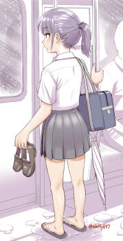 1boy 1girl artist_name bag bare_legs closed_mouth collared_shirt ebifly feet flip-flops from_behind full_body grey_hair grey_skirt holding legs loafers long_hair miniskirt original pleated_skirt ponytail sandals school_bag school_uniform shadow shirt shoes short_sleeves sidelocks sketch_background skirt solo_focus standing toes train_interior twitter_username umbrella unworn_shoes water white_shirt