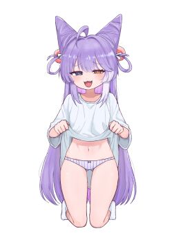 1girl :3 ahoge blue_eyes blush bow bow_panties brown_eyes clothes_lift cone_hair_bun double-parted_bangs double_bun fang flower full_body hair_bun hair_intakes hair_ornament hair_rings heterochromia highres kneeling lifting_own_clothes loli long_hair long_shirt monkeyukikidesu navel no_pants no_shoes no_tail open_mouth panties pom_pom_(clothes) pom_pom_hair_ornament purple_hair raised_inner_eyebrows shirt shirt_lift short_sleeves simple_background smile socks solo stellive straight_hair striped_clothes striped_panties t-shirt tenko_shibuki underwear vertical-striped_clothes vertical-striped_panties very_long_hair virtual_youtuber white_background white_shirt white_socks
