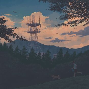 1boy bird black_hair black_shorts cloud dog gensuke_(ryun) highres holding holding_leash leash morning original outdoors radio_tower running scenery shiba_inu shirt short_hair shorts sky solo tree white_shirt