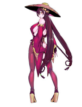 1girl absurdres ass back bare_shoulders black_leotard braid breasts brown_hair detached_sleeves dress fate/grand_order fate_(series) full_body hair_between_eyes hair_ornament hairband high_heels highres ichimegasa large_breasts leotard long_hair looking_at_viewer looking_back minew orange_eyes pantyhose red_dress red_pantyhose red_thighhighs sideboob single_leg_pantyhose single_thighhigh solo thighhighs thighs wide_sleeves xuangzang_sanzang_(dancing_on_lotus_blossom)_(fate) xuangzang_sanzang_(fate)