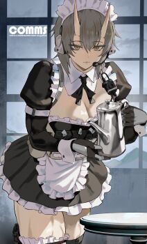 1girl absurdres apron black_gloves black_ribbon breasts brown_eyes brown_hair cleavage closed_mouth commentary commission detached_collar ear_protection earphones english_commentary gloves highres holding holding_kettle horns kettle looking_at_viewer maid maid_headdress microphone neck_ribbon original park_ongjol ribbon skin-covered_horns solo tactical_maid unconventional_maid waist_apron white_headdress