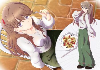 1girl absurdres baggy_pants breasts brown_hair butter_knife cel_shading chair cleavage closed_mouth collarbone commentary_request food fork from_above fruit fujishima_megumi full_body green_pants grey_shirt highres holding holding_fork knife link!_like!_love_live! long_hair long_sleeves love_live! making-of_available medium_breasts multiple_views on_chair pancake pants plate puffy_long_sleeves puffy_sleeves purple_eyes raised_eyebrow rakinegimagi shirt shoes simple_background sitting sleeves_past_wrists strawberry table two_side_up virtual_youtuber