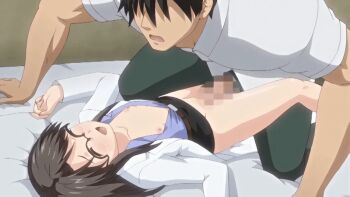 10s 1boy 1girl 2018 age_difference aged_down animated animated_gif anime_screenshot asou_miyuri black_skirt breasts censored clothed_sex doki_doki_little_ooya-san flat_chest glasses jacket kiss lab_coat large_penis leg_up loli long_hair long_sleeves lying missionary nipples on_back on_bed pencil_skirt penis scientist sex shirt size_difference skirt small_breasts smile thick_thighs thighs vaginal white_jacket white_shirt