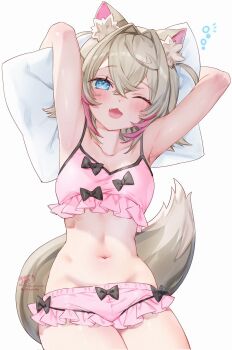1girl ;d animal_ear_fluff animal_ears armpits arms_behind_head arms_up blonde_hair blue_eyes breasts commentary crossed_bangs dog_ears dog_girl dog_tail double-parted_bangs frilled_shorts frills hair_between_eyes hair_intakes head_on_pillow highres hololive hololive_english kamiya_maneki looking_at_viewer lying mococo_abyssgard multicolored_hair navel on_back one_eye_closed open_mouth pillow pink_hair pink_shorts short_hair short_shorts shorts simple_background small_breasts smile solo stomach streaked_hair tail two_side_up virtual_youtuber white_background