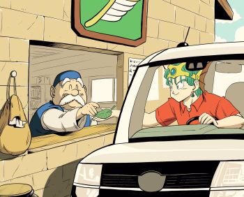 Rule 34 | 2boys, anachronism, bag, blue hat, car, closed eyes, commentary, crown, dragon quest, dragon quest iv, drive-thru, earrings, facial hair, green eyes, green hair, hat, hero (dq4), highres, holding, holding leaf, jewelry, leaf, lee (dragon garou), male focus, motor vehicle, multiple boys, mustache, old, old man, parody, style parody, toriyama akira (style)