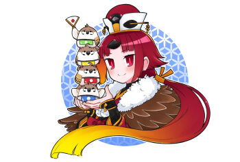 1girl animal ayakoto_aroeriina beni-enma beni-enma_(second_ascension) bird bird_girl blush fate/grand_order fate_(series) fingernails gradient_hair hand_fan hat highres holding holding_animal holding_bird holding_fan japanese_flag long_hair multicolored_hair no_nose ponytail red_eyes red_hair simple_background smile solo sparrow white_background white_hat