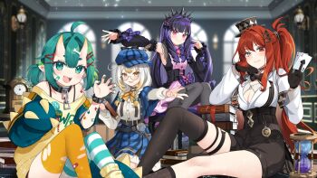 4girls ace_(playing_card) ace_of_hearts ace_of_spades aqua_thighhighs arisu_oshiro armband artist_request asymmetrical_legwear asymmetrical_sleeves bandaid bandaid_on_arm bandaid_on_face black_armband black_dress black_gloves black_hair black_hat black_shorts black_sleeves black_thighhighs black_tiara blonde_hair blue_hat blue_skirt bone_hair_ornament bow bowtie braid breasts card chio_chompi cleavage clock collar colored_tips daiya_fortuna deerstalker detached_sleeves dinosaur_girl dinosaur_horns dress glasses gloves green_eyes green_hair green_nails grey_eyes grey_hair hair_ornament hat heart heterochromia high-waist_shorts highres holding holding_card horns hourglass kanna_yanagi long_hair loose_socks metal_collar mini_hat mismatched_legwear multicolored_hair multiple_girls open_mouth orange_bow orange_bowtie pink_eyes pixellink plaid_clothes plaid_skirt playing_card purple_hair red_eyes red_hair second-party_source sharp_teeth shirt short_hair shorts skirt sleeveless sleeveless_dress smile socks spade_(shape) striped_clothes striped_thighhighs teeth thighhighs tiara torn_clothes torn_thighhighs virtual_youtuber white_shirt white_thighhighs yellow_eyes yellow_socks yellow_thighhighs