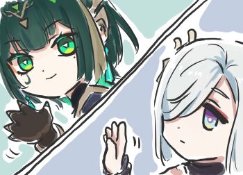 Rule 34 | 2girls, blue eyes, closed mouth, commentary, english commentary, genshin impact, green hair, hair ornament, hair over one eye, highres, mole, mole under eye, multiple girls, nefer (genshin impact), one eye covered, shenhe (genshin impact), smile, symbol-shaped pupils, triangle-shaped pupils, waving, white hair, xinzoruo