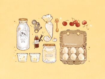 artist_name cherry commentary cup egg egg_carton english_commentary english_text food food_focus fruit heart icing jar keyring measuring_spoon milk nao_(bestrollever) object_focus original pipette simple_background sparkle spoon star_(symbol) granulated_sugar vanilla vanilla_extract yellow_background