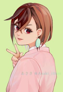 1girl absurdres asaki_illust ayase_momo brown_eyes brown_hair dandadan earrings green_background hand_up highres jewelry pink_sweater solo sweater w