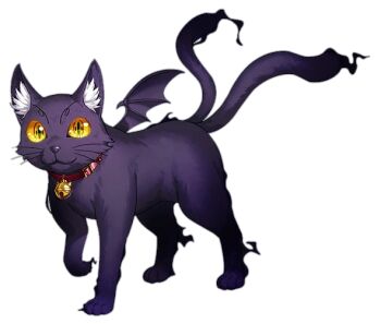 1girl :3 akebi_(taimanin_series) alternate_form animal_ears bat_wings cat collar full_body lilith-soft looking_at_viewer multiple_tails nekomata purple_hair standing tail taimanin_(series) taimanin_rpgx transparent_background wings yellow_eyes zol