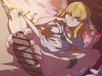 1boy 1girl anklet bad_id bad_twitter_id barefoot blonde_hair cloud commentary dusk dutch_angle elf erection feet flower foot_focus funen_gomi_m gold_anklet highres holding holding_flower jewelry long_hair looking_to_the_side outdoors penis pointy_ears robe serie_(sousou_no_frieren) sitting sousou_no_frieren toes tree white_robe yellow_eyes