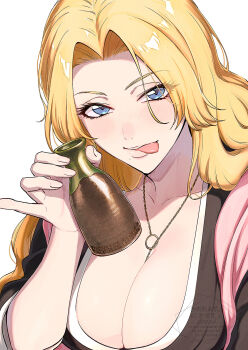 1girl alcohol bleach blonde_hair blue_eyes breasts chain chain_necklace cleavage collarbone female_focus highres japanese_clothes jewelry large_breasts long_hair matsumoto_rangiku mole mole_under_mouth necklace pink_shawl sake shawl shihakusho simple_background ten0u0 tongue tongue_out upper_body white_background