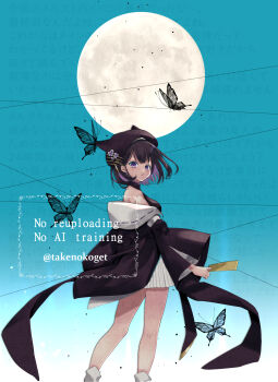 Rule 34 | 1girl, animal ear headwear, black dress, black hair, black hat, black jacket, bug, butterfly, colored inner hair, commentary request, dress, fake animal ears, hat, highres, insect, jacket, ko (tumugikou), looking at viewer, looking back, multicolored hair, off-shoulder jacket, off shoulder, pleated skirt, purple eyes, purple hair, reverseblue x re-birthend, shia (reverseblue), short hair, skirt, solo, two-sided fabric, two-sided jacket, watermark, white jacket, white skirt