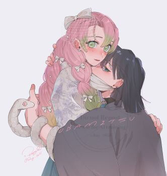 1boy 1girl arm_around_back bandaged_head bandages bandages_over_mouth black_hair black_jacket blunt_bangs blunt_ends blush bow braid couple earrings floral_print gradient_hair green_eyes green_hair grey_eyes hair_between_eyes hair_bow hand_on_another&#039;s_shoulder hetero highres iguro_obanai jacket jewelry kaburamaru kanroji_mitsuri kimetsu_no_yaiba long_hair looking_at_viewer medium_hair mole mole_under_each_eye mole_under_eye multicolored_hair multiple_braids multiple_moles parted_bangs pearl_earrings pink_eyes pink_hair pleated_skirt print_shirt ray_3655 ship_name shirt skirt slit_pupils snake upper_body veil white_bow white_veil