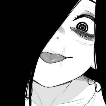 1girl bags_under_eyes close-up commentary facial_scar greyscale hair_over_one_eye highres looking_at_viewer lughost monochrome one_eye_covered portrait ringed_eyes scar scar_on_cheek scar_on_face scar_on_mouth solo the_ring tongue tongue_out yamamura_sadako