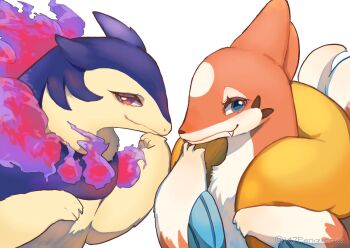 147penguinmw black_hair brown_fur fang fire floatzel gen_4_pokemon highres hisuian_typhlosion looking_at_viewer nintendo pokemon pokemon_(creature) purple_fire purple_fur red_eyes simple_background two-tone_fur upper_body white_background white_fur yellow_fur