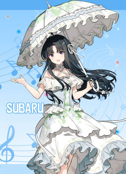 1girl :d awa_subaru bare_shoulders beamed_eighth_notes black_hair blue_background chinese_commentary choker collarbone commentary_request dress eighth_note frilled_dress frills girls_band_cry hair_ribbon highres holding holding_umbrella long_hair looking_at_viewer migolu musical_note off-shoulder_dress off_shoulder open_mouth parasol parted_bangs purple_eyes ribbon smile solo standing umbrella white_choker white_dress white_ribbon white_umbrella