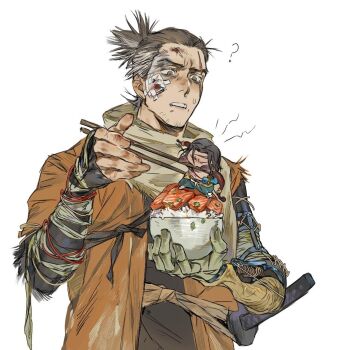 2boys ? ashina_genichirou black_hair blood bow_(weapon) bowl commentary_request food gauze gauze_on_cheek genichiro_cute grey_eyes holding holding_bowl injury jacket katana layered_clothes male_focus meat mechanical_arms mini_person miniboy multiple_boys orange_jacket parted_hair ponytail prosthesis prosthetic_arm scarf sekiro sekiro:_shadows_die_twice short_ponytail short_sleeves single_mechanical_arm sword upper_body weapon weapon_on_back white_background