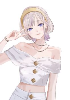 1girl absurdres bare_shoulders blonde_hair bracelet closed_mouth collarbone dhbwinner flat_chest hairband hand_up hashtag-only_commentary highres hololive hololive_dev_is jewelry looking_at_viewer midriff navel necklace off-shoulder_shirt off_shoulder purple_eyes purple_streaks shirt short_hair simple_background smile solo todoroki_hajime v virtual_youtuber white_background white_shirt yellow_hairband