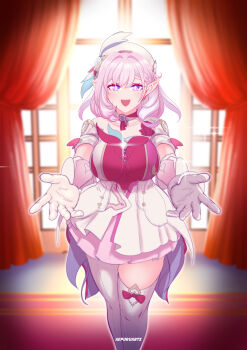 1girl absurdres aepuru_arts beret breasts commentary curtains diamond-shaped_pupils diamond_(shape) dress earrings elf elysia_(hi_love_elf)_(honkai_impact) elysia_(honkai_impact) english_commentary hat heart heart_earrings highres honkai_(series) honkai_impact_3rd jewelry large_breasts long_hair looking_at_viewer open_mouth pink_hair pointy_ears purple_eyes red_dress solo symbol-shaped_pupils thighhighs thighs very_long_hair white_dress white_thighhighs