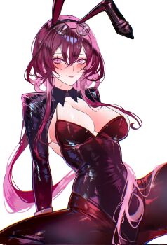 1girl alternate_costume animal_ear_hairband animal_ears black_hairband blush breasts collarbone commentary eyewear_on_head fake_animal_ears hair_between_eyes hairband highres honkai_(series) kafka_(honkai:_star_rail) large_breasts leotard lips long_hair looking_at_viewer pantyhose parted_lips purple_eyes purple_hair red_leotard red_pantyhose sanya_(sanya_lox228) sideboob simple_background sitting solo spread_legs very_long_hair white_background