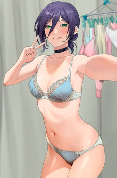 1girl :q a1_(initial-g) black_choker black_hair blue_bra blue_panties bra chainsaw_man choker closed_mouth clothes_hanger commentary_request green_eyes hair_between_eyes highres looking_at_viewer navel panties reze_(chainsaw_man) solo standing stomach thighs tongue tongue_out underwear underwear_only v